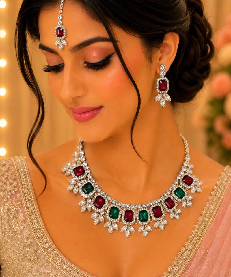 Maroon green color necklace set with earrings & maang tikka | kundan & agate stone | lekar gold plating