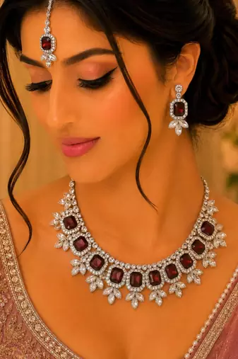 Majnat color necklace set with earrings & maang tikka | kundan & agate stone | lekar gold plating