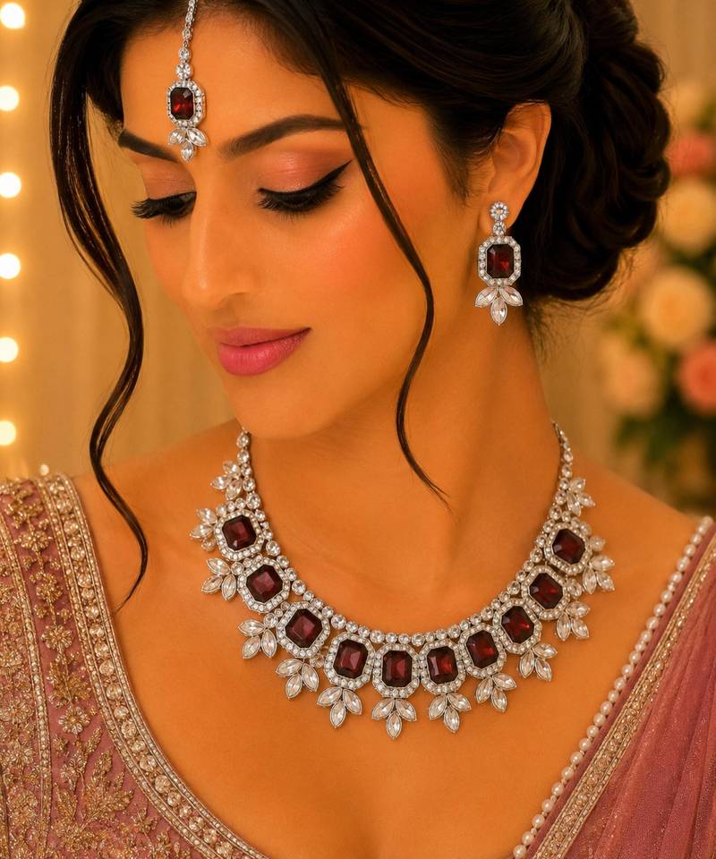 Majnat color necklace set with earrings & maang tikka | kundan & agate stone | lekar gold plating