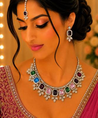 Multy color necklace set with earrings & maang tikka | kundan & agate stone | lekar gold plating 3