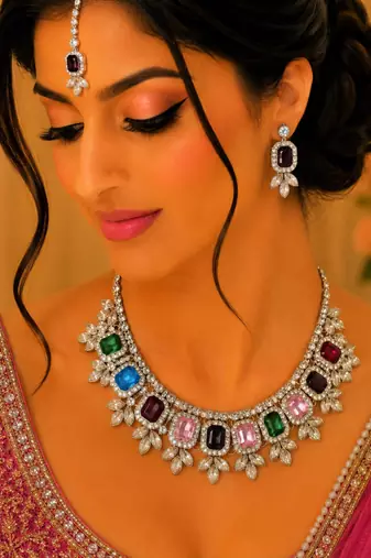 Multy color necklace set with earrings & maang tikka | kundan & agate stone | lekar gold plating