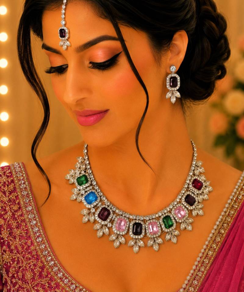 Multy color necklace set with earrings & maang tikka | kundan & agate stone | lekar gold plating
