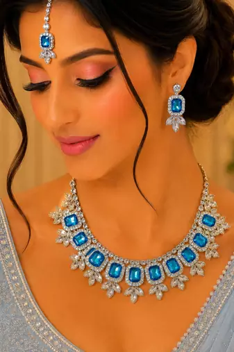 Firoja color necklace set with earrings & maang tikka | kundan & agate stone | lekar gold plating