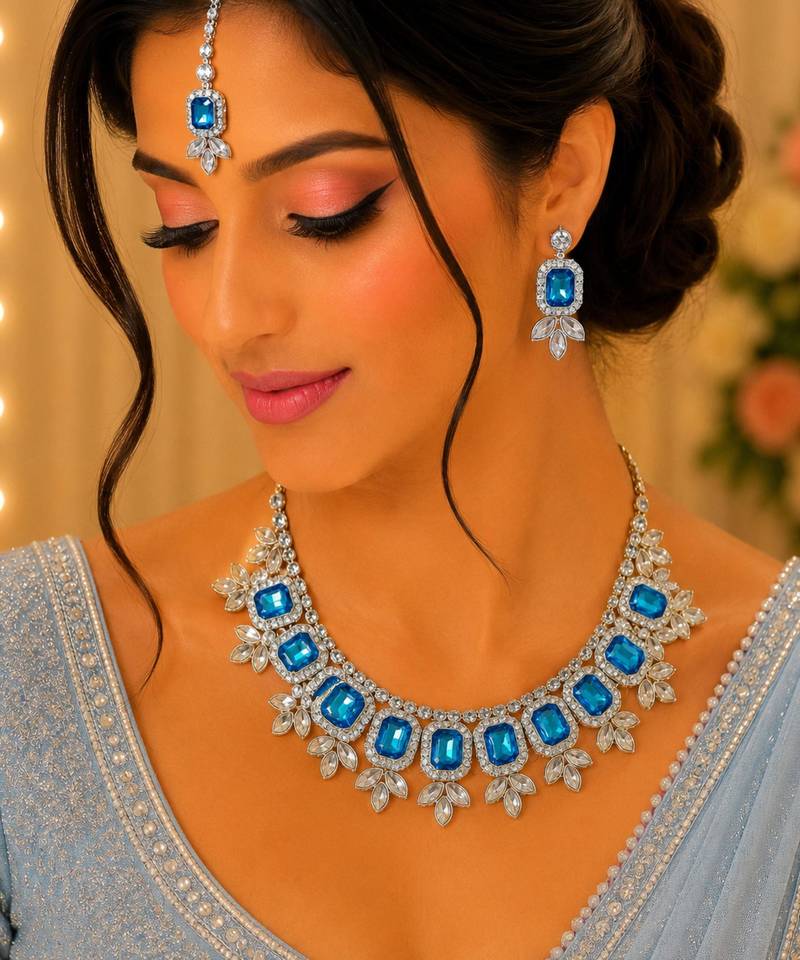 Firoja color necklace set with earrings & maang tikka | kundan & agate stone | lekar gold plating