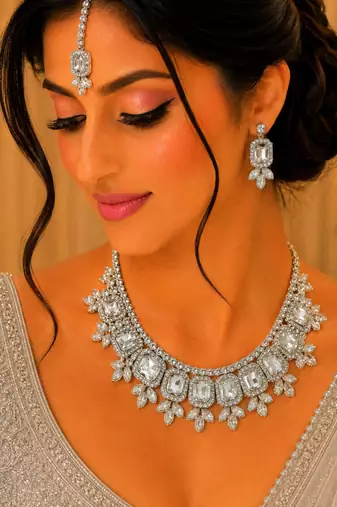 White color necklace set with earrings & maang tikka | kundan & agate stone | lekar gold plating