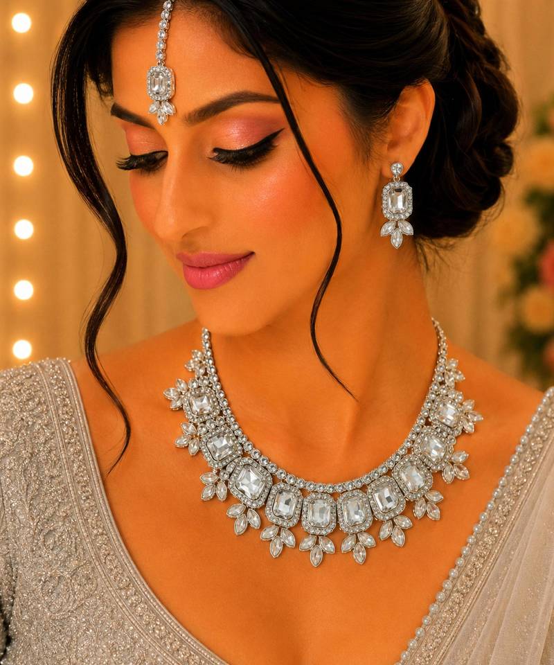 White color necklace set with earrings & maang tikka | kundan & agate stone | lekar gold plating