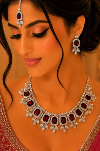Maroon color necklace set with earrings & maang tikka | kundan & agate stone | lekar gold plating