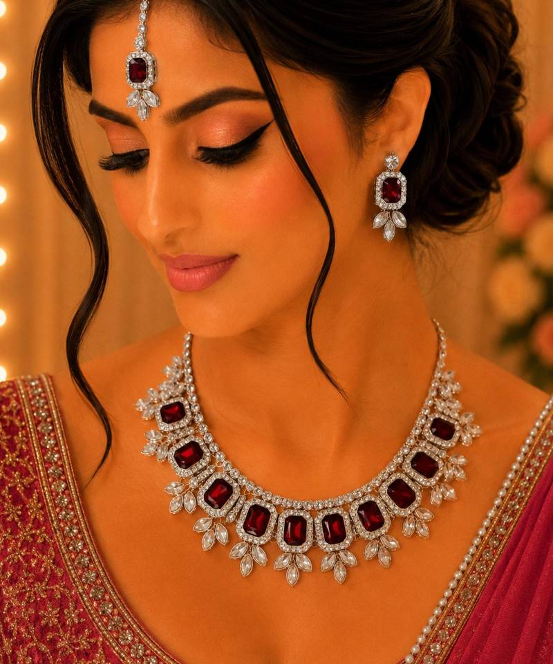 Maroon color necklace set with earrings & maang tikka | kundan & agate stone | lekar gold plating