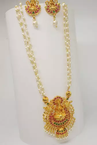 Ruby green color necklace set with earrings, moti & agate stone, gold plated
