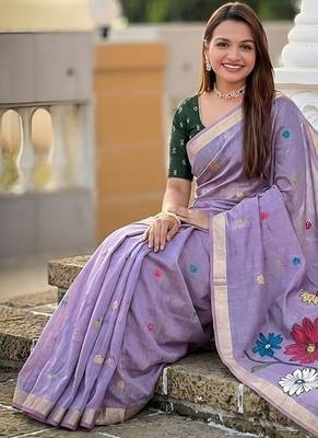 Lavender cotton silk saree with colorful floral weaving pallu with blouse 4
