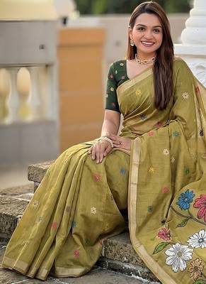 Mehendi cotton silk saree with colorful floral weaving pallu with blouse 4