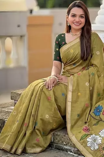 Mehendi cotton silk saree with colorful floral weaving pallu with blouse