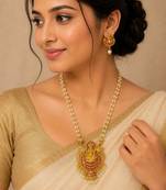 Ruby color necklace set with earrings, moti & agate stone, gold plated