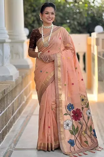 Peach cotton silk saree with colorful floral weaving pallu with blouse