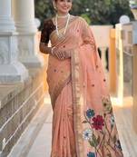 Peach cotton silk saree with colorful floral weaving pallu with blouse