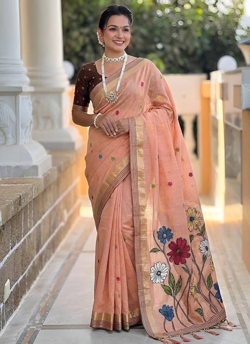 Peach cotton silk saree with colorful floral weaving pallu with blouse