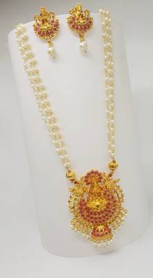 Ruby color necklace set with earrings, moti & agate stone, gold plated 2