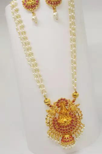 Ruby color necklace set with earrings, moti & agate stone, gold plated