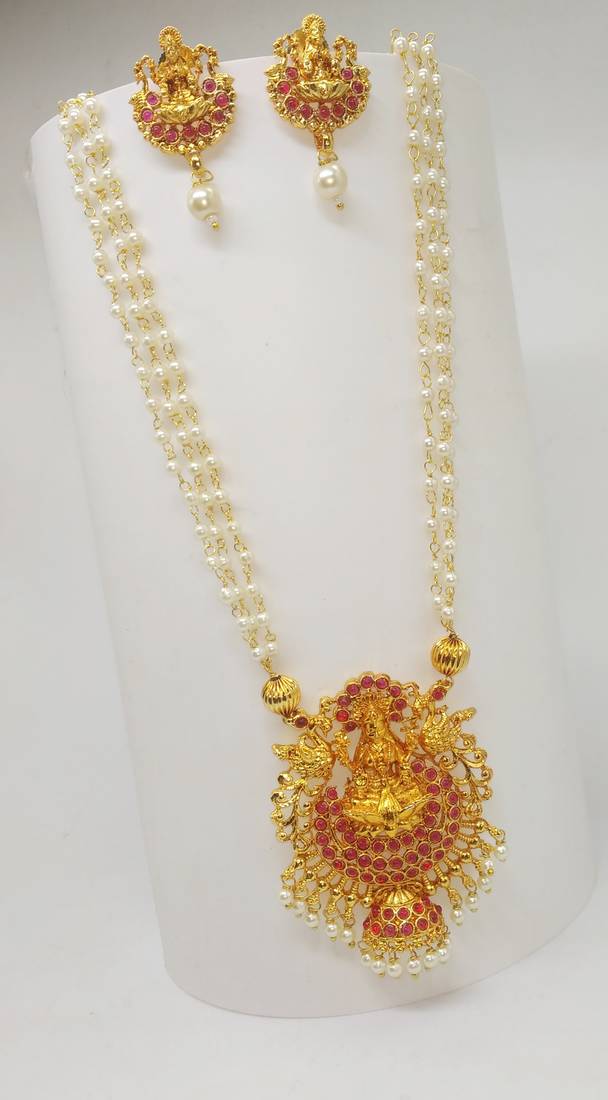Ruby color necklace set with earrings, moti & agate stone, gold plated