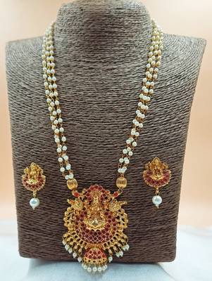 Ruby color necklace set with earrings, moti & agate stone, gold plated 3