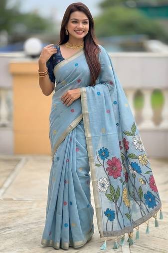 Skyblue cotton silk saree with colorful floral weaving pallu with blouse