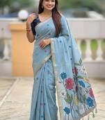 Skyblue cotton silk saree with colorful floral weaving pallu with blouse