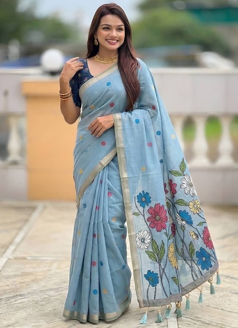 Skyblue cotton silk saree with colorful floral weaving pallu with blouse