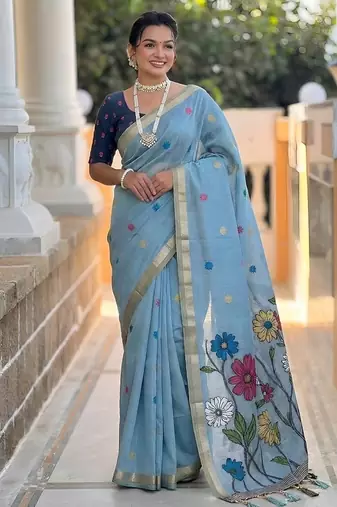 Skyblue cotton silk saree with colorful floral weaving pallu with blouse