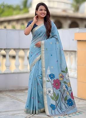 Skyblue cotton silk saree with colorful floral weaving pallu with blouse 5