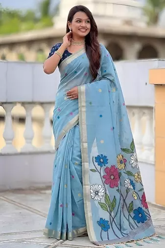 Skyblue cotton silk saree with colorful floral weaving pallu with blouse