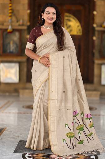 Cream cotton silk saree with colorful floral weaving pallu with blouse