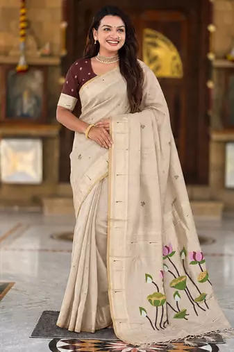 Cream cotton silk saree with colorful floral weaving pallu with blouse
