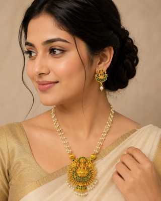 Green color necklace set with earrings, moti & agate stone, gold plated 1