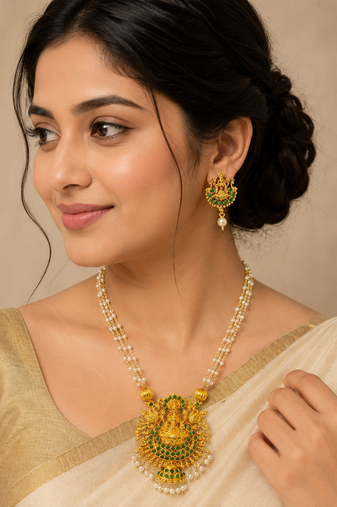 Green color necklace set with earrings, moti & agate stone, gold plated