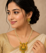 Green color necklace set with earrings, moti & agate stone, gold plated
