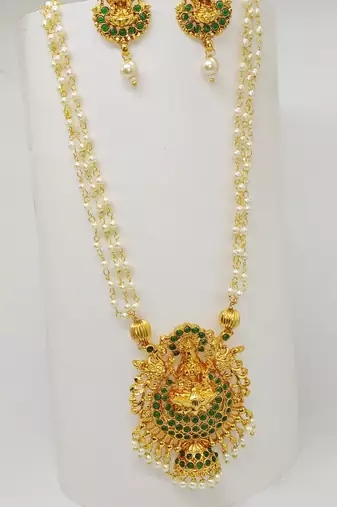 Green color necklace set with earrings, moti & agate stone, gold plated