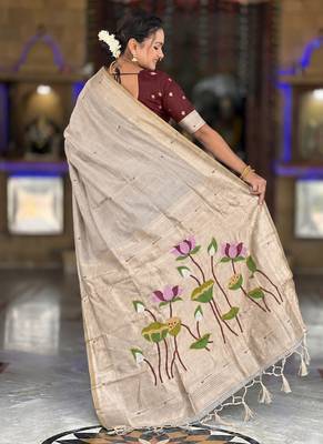 Cream cotton silk saree with colorful floral weaving pallu with blouse 2