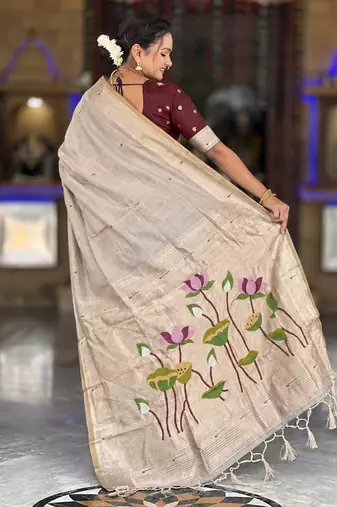 Cream cotton silk saree with colorful floral weaving pallu with blouse
