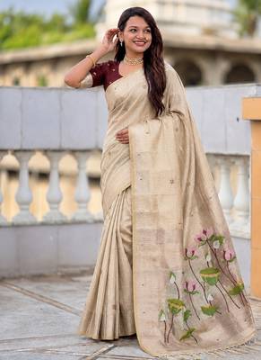 Cream cotton silk saree with colorful floral weaving pallu with blouse 3