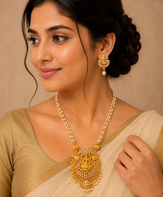 White color necklace set with earrings, moti & agate stone, gold plated 1