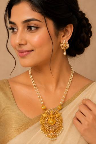 White color necklace set with earrings, moti & agate stone, gold plated
