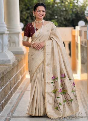 Cream cotton silk saree with colorful floral weaving pallu with blouse 5