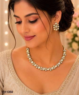 White color kundan & ad stone necklace set with earrings, gold plated 1