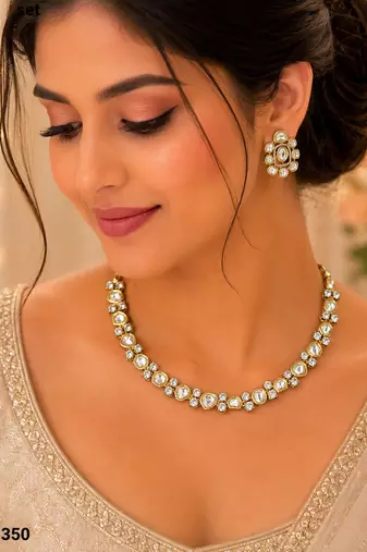 White color kundan & ad stone necklace set with earrings, gold plated