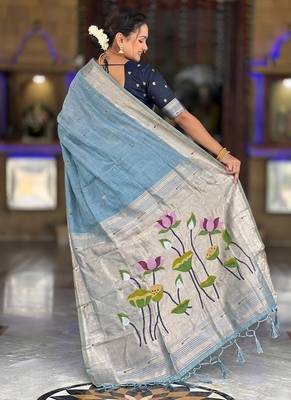 Skyblue cotton silk saree with colorful floral weaving pallu with blouse 2