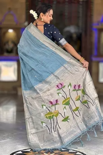 Skyblue cotton silk saree with colorful floral weaving pallu with blouse
