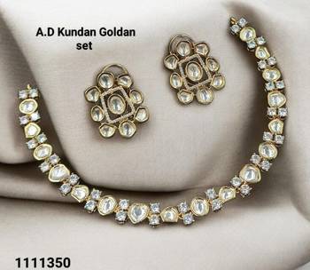 White color kundan & ad stone necklace set with earrings, gold plated 2