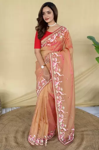 Orange embroiedery work two tone silk saree