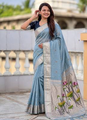 Skyblue cotton silk saree with colorful floral weaving pallu with blouse 5