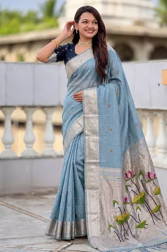 Skyblue cotton silk saree with colorful floral weaving pallu with blouse
